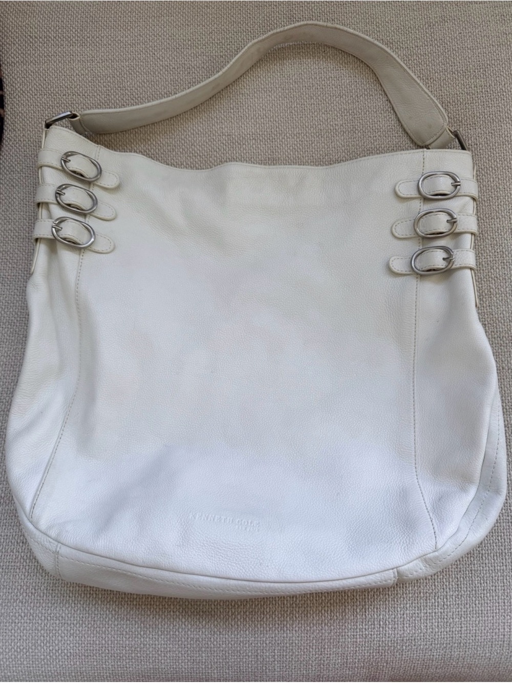 KENNETH COLE Cream Leather Shoulder Hobo Bag with Buckle Detail Genuine Leather